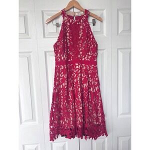 Francesca's Celebrate Red Lace Halter Dress Floral Crochet A-Line Large NWT